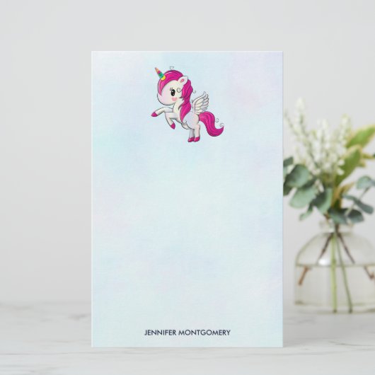 Cute Pink Unicorn met Wings Briefpapier (Staand voorkant)