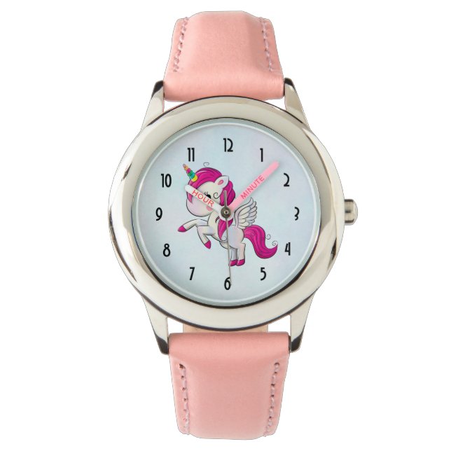 Cute Pink Unicorn met Wings Horloge (Voorkant)