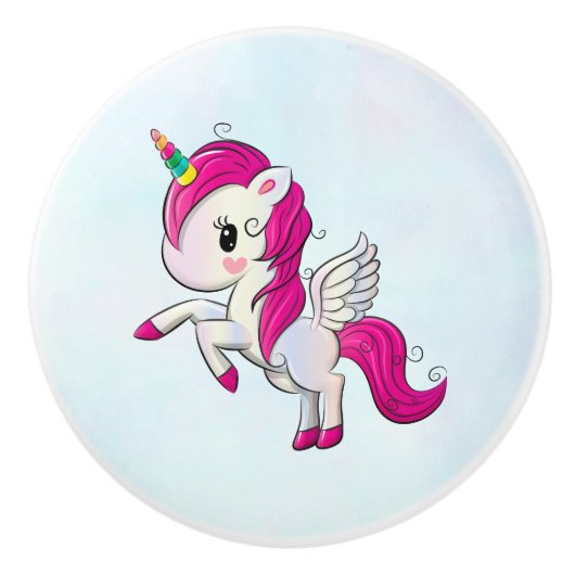 Cute Pink Unicorn met Wings Keramische Knop (Voorkant)