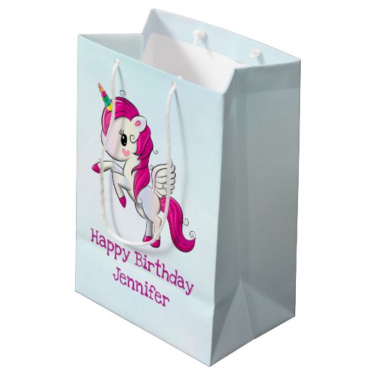 Cute Pink Unicorn met Wings Medium Cadeauzakje (Achterkant Gekanteld)