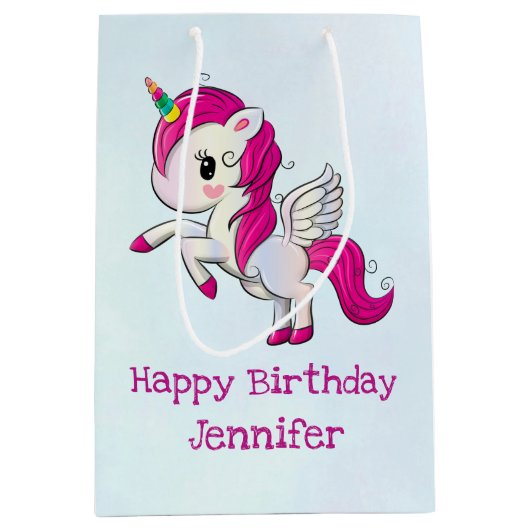 Cute Pink Unicorn met Wings Medium Cadeauzakje (Voorkant)