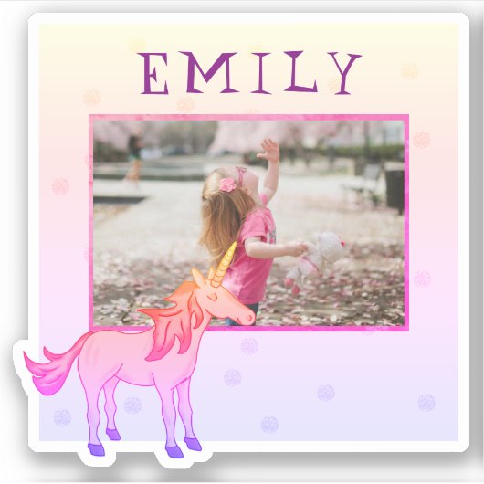 Cute Pink Unicorn Name Photo Kinder Sticker (Voorkant)