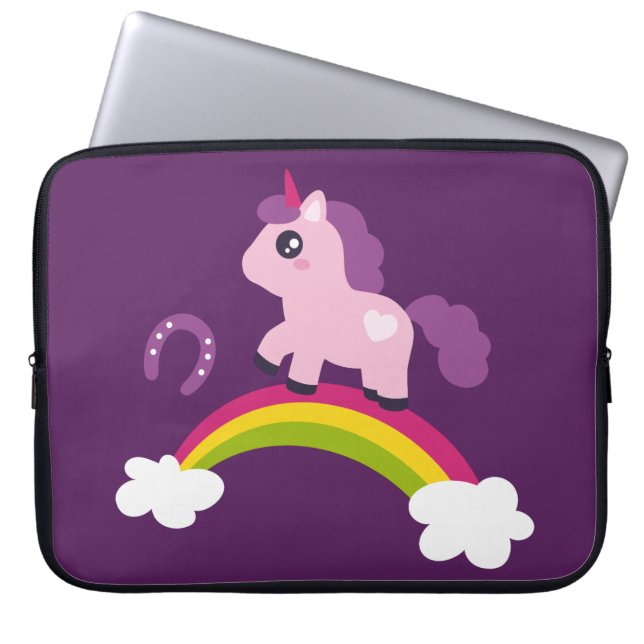 Cute Pink Unicorn op een regenboog Laptop Sleeve (Voorkant)