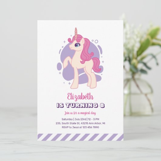 Cute Pink Unicorn Paars Girl Birthday Kaart (Staand voorkant)