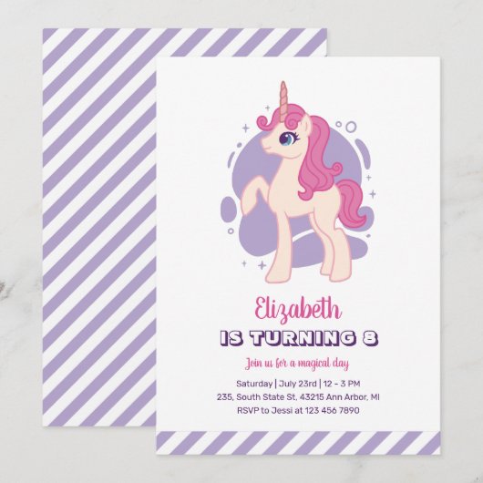 Cute Pink Unicorn Paars Girl Birthday Kaart (Voorkant / Achterkant)