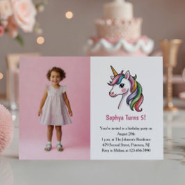 Cute Pink Unicorn Photo Kids Birthday Party Kaart