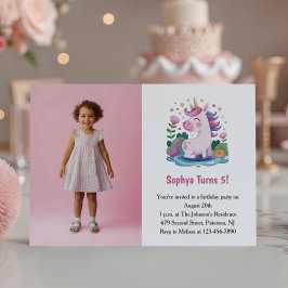 Cute Pink Unicorn Photo Kids Birthday Party Kaart