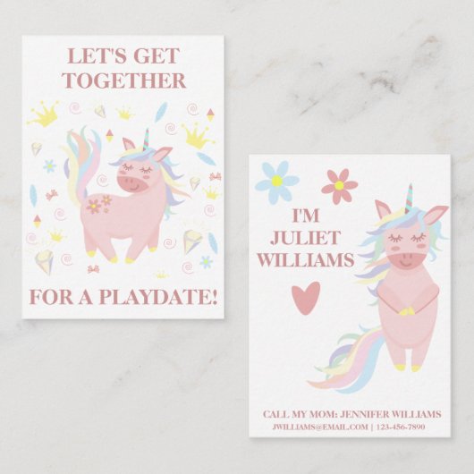 Cute Pink Unicorn Playdate Mammie Calling Card Visitekaartje (Voorkant / Achterkant)