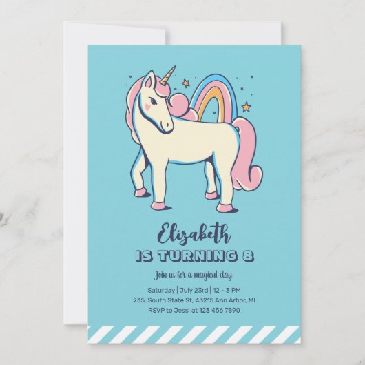 Cute Pink Unicorn Rainbow Blue Girl Birthday Kaart (Voorkant)