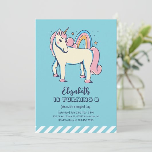 Cute Pink Unicorn Rainbow Blue Girl Birthday Kaart (Staand voorkant)