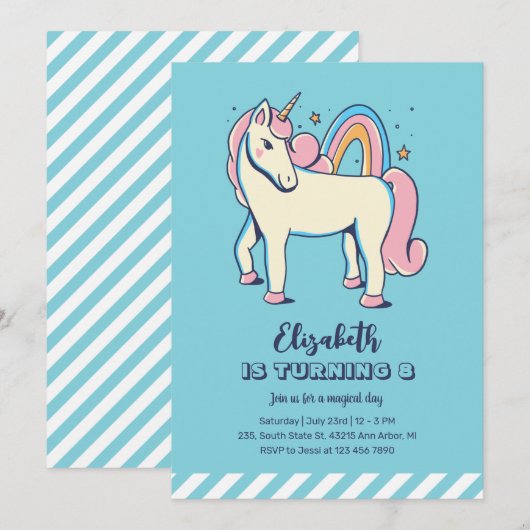 Cute Pink Unicorn Rainbow Blue Girl Birthday Kaart (Voorkant / Achterkant)