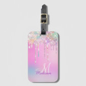 Cute Pink Unicorn Rainbow Glitter Drift monogram Bagagelabel (Voorkant (verticaal))