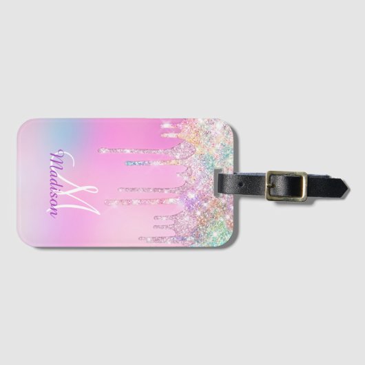 Cute Pink Unicorn Rainbow Glitter Drift monogram Bagagelabel (Voorkant (horizontaal))