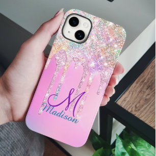 Cute Pink Unicorn Rainbow Glitter Drift monogram Case-Mate iPhone 14 Hoesje