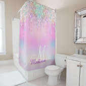 Cute Pink Unicorn Rainbow Glitter Drift monogram Douchegordijn (In situ)