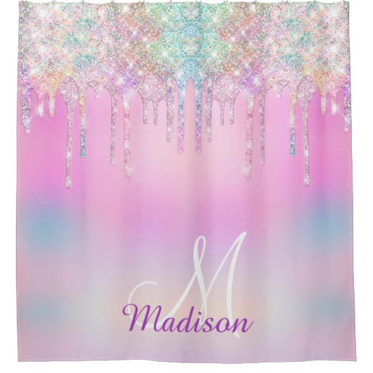 Cute Pink Unicorn Rainbow Glitter Drift monogram Douchegordijn (Voorkant)
