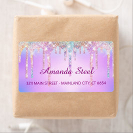 Cute Pink Unicorn Rainbow Glitter Drift monogram Etiket