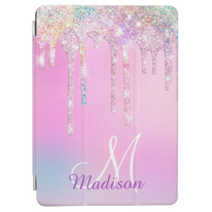 Cute Pink Unicorn Rainbow Glitter Drift monogram iPad Air Cover
