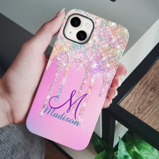 Cute Pink Unicorn Rainbow Glitter Drift monogram iPhone Hoesje