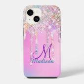 Cute Pink Unicorn Rainbow Glitter Drift monogram iPhone Hoesje (Achterkant)