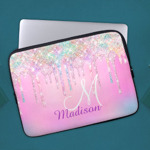 Cute Pink Unicorn Rainbow Glitter Drift monogram Laptop Sleeve