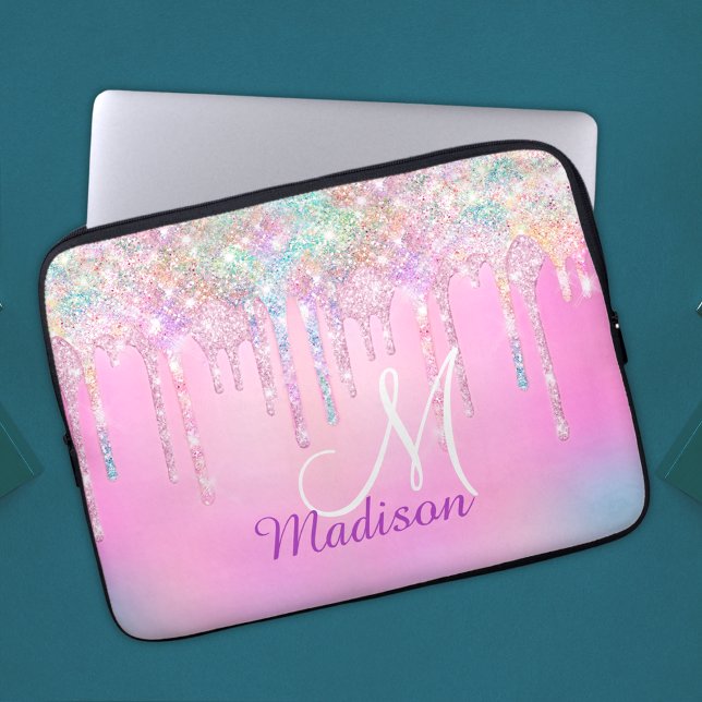 Cute Pink Unicorn Rainbow Glitter Drift monogram Laptop Sleeve (Creator heeft geüpload)