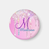 Cute Pink Unicorn Rainbow Glitter Drift monogram Magneet (Voorkant)