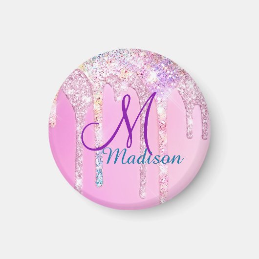 Cute Pink Unicorn Rainbow Glitter Drift monogram Magneet (Voorkant)