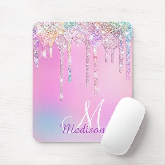 Cute Pink Unicorn Rainbow Glitter Drift monogram Muismat (Met muis)