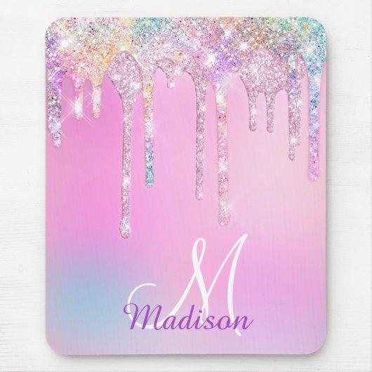 Cute Pink Unicorn Rainbow Glitter Drift monogram Muismat (Voorkant)