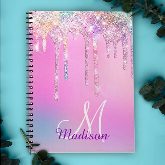 Cute Pink Unicorn Rainbow Glitter Drift monogram Notitieboek