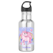 Cute Pink Unicorn Rainbow Modern Girly Custom Name Waterfles (Voorkant)