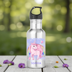 Cute Pink Unicorn Rainbow Modern Girly Custom Name Waterfles