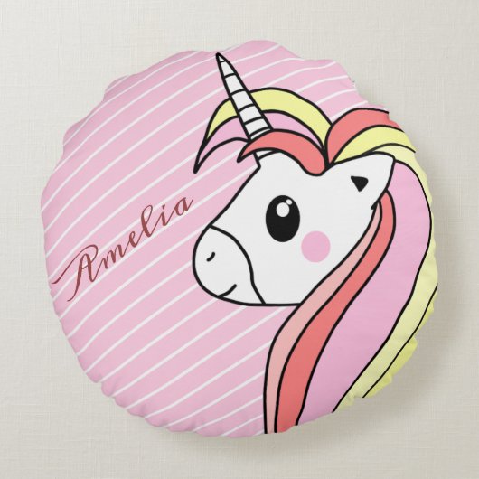 Cute Pink Unicorn Stripe Pattern Girl Name Rond Kussen (Achterkant)