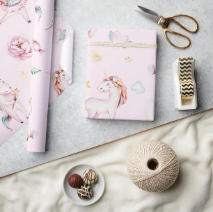 Cute Pink Unicorns Boho Floral Baby shower Cadeaupapier