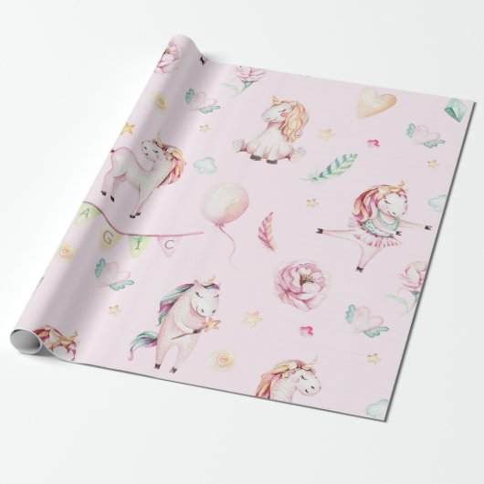 Cute Pink Unicorns Boho Floral Baby shower Cadeaupapier (Uitgerold)