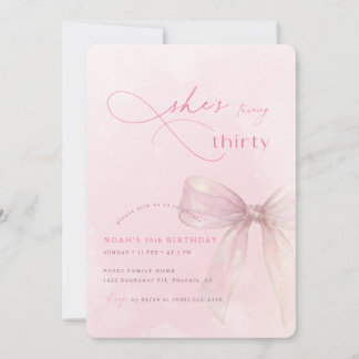 Cute Pink Watercolor Bow Girls 30th Birthday Party Kaart