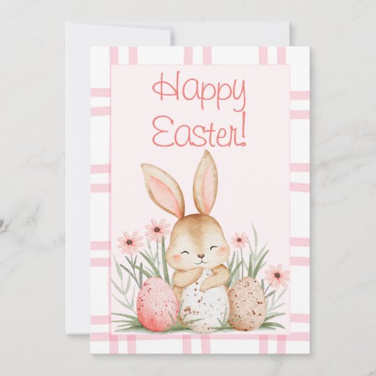 Cute Pink Watercolor Bunny and Easter Eggs Feestdagenkaart (Voorkant)