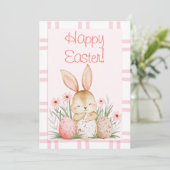 Cute Pink Watercolor Bunny and Easter Eggs Feestdagenkaart (Staand voorkant)