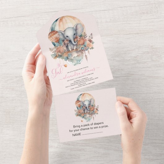 Cute Pink Waterverf Air Ballon Elephant Baby Sho All In One Uitnodiging (Afscheurbaar)