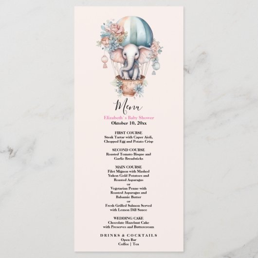 Cute Pink Waterverf Air Ballon Elephant Baby Sho Menu (Achterkant)