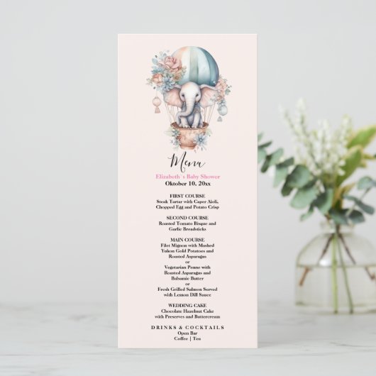 Cute Pink Waterverf Air Ballon Elephant Baby Sho Menu (Staand voorkant)