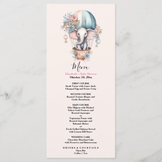 Cute Pink Waterverf Air Ballon Elephant Baby Sho Menu (Voorkant)