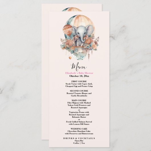 Cute Pink Waterverf Air Ballon Elephant Baby Sho Menu (Voorkant / Achterkant)