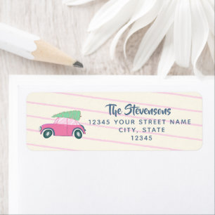 Cute Pink Waterverf Auto Xmas Tree Return Address Etiket