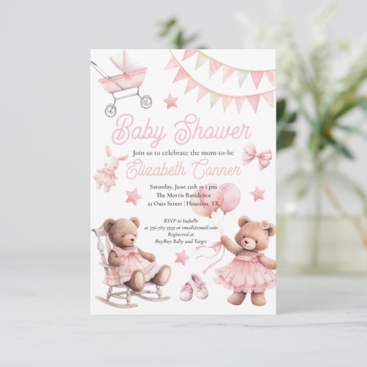 Cute Pink Waterverf Baby Girl Shower Kaart (Staand voorkant)