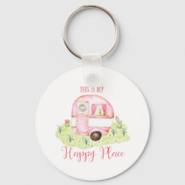 Cute Pink Waterverf Camper Caravan Scene Sleutelhanger