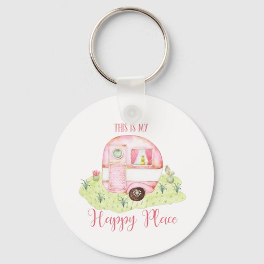 Cute Pink Waterverf Camper Caravan Scene Sleutelhanger (Voorkant)
