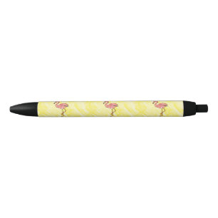 Cute Pink Waterverf Flamingos op Summer Yellow Zwarte Inkt Pen