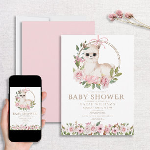 Cute Pink Waterverf Floral Llama Baby shower Kaart